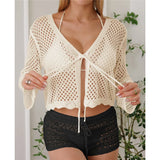 V Neck Long Sleeve Hollow Out Crochet Knitted Tunic Beach Dress Beach Wear Beachwear Beach Cover Up Cover-upsFemale Women V7192
