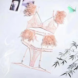 Toucheart 4 Piece Set Fun Lingerie For Women Feather Lace Splicing Chain Sexy Slim Mesh See-Through Sexy Lingerie Garters Suit