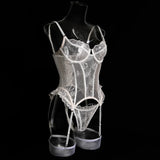 Embroidered flower underwear, sexy three-point mesh fishbone body shaping sexy suit with stockings