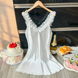 Women Petals Trim V Neck Nightdress Elegant Sleeveless Sleep Dress Perfect for Romantic Date Nights Valentine's Day and Special