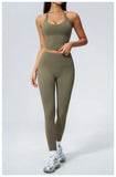 Women Tracksuit 2PCS Seamless Yoga Sets Hanging V Neck Slim Sports Tank Top Fitness Outfits Gym Running High Waist Leggings Suit