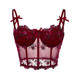 Sexy Lace Floral Embroidery Bow Corset For Women Camisole Sheer Mesh Fishbone Slim Crop Top Wired Bra Camis Festival Lingerie