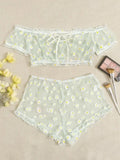 Mesh Floral Printed Off Shoulder 2Pcs Lingerie Set for Women Sexy Underwear Transparent Tops+Shorts Panties Exotic Sets