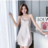 Oversize Satin Nightgown Sexy Woman Nightie Spaghetti Strap Nightdress Short Sleeveless Sleepwear Nightwear