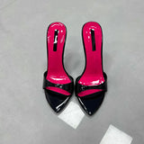 Patchwork Stiletto Heel Slippers Newest Pointed Open Toe One Strap Thin Heel Slip-on Sandals Sexy Big Size Dress Heels 12cm