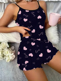 1 Set Sexy Women's Pajama Set,Bow Heart Print Backless Crop Top and Shorts,Comfortable Loose Fit Summer Sleepwear