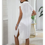 New White Shirt Short Sleeve Long Top Blouse Tunic Beach Dress Beach Wear Beachwear Beach Cover Up Cover-upsFemale Women V6330