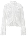 Womens Summer Sheer Shirts Flare Long Sleeve Mock Neck Lace Floral Tops Fashion Ruffled Peplum Hem Cropped T-shirts