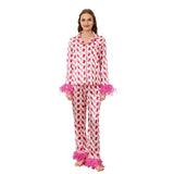 2 Piece Satin Pajama Set Women Feather Trim Long Sleeve Button Up Shirt Tops + Long Pants Set Sleepwear Loungewear