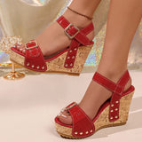 Fashion Buckle Chunky Wedges Sandals Women Red 9.5Cm High Heels Platform Sandles Woman Plus Size 43 Summer Thick Sole Sandalias