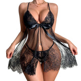 Front-tie Bra Half See-through Lingerie With Thong Set Women's Nightdress Bold Sexy Clothing Pajamas Tulle Open Bras Body Suit