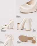 Size 42 Elegant Pink Satin Platform Block Heel Pumps Black Ribbon Wrap Ballerina Bow Wedding Party Dress Heels Shoes Women