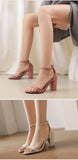 Beige Suede Ankle Strap Block Heel Sandals for Women, Round Open Toe with Rhinestone Accent, Multiple Colors Available
