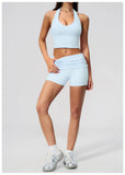 2PCS Yoga Set Women V-neck Cross Neck Shock-absorbing Sports Vest Workout Pleate Flip High Waist Shorts Gym Runing Fitness Suits