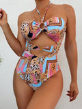 2026 Halter Hollow Swimsuit One Piece Sexy Print Ring Link Swimwear Women Bathing Swimming Swim Suit Padded Beachwear Summer XXL