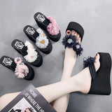 2025 New Beach Flip Flops For Women Summer Wedges Shoes Bohemian Flower Slippers Girls Sexy High Heels Street Platform Sandals