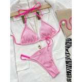 Sexy Neon Halter Ribbed Bikini Female Swimsuit Women Swimwear Two-pieces Bikini Set Padded Bather Bathing Suit Swim Lady V4048