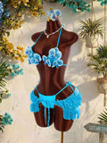 Vintage Blue 3D Floral Bikinis Sets Women Mesh Ruffle Skirt 3 Piece Swimsuit 2026 Sexy Push Up Bra Bathing Suit Holiday Swimwear