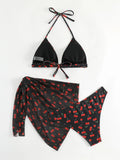 Women French Chic Cherry Print Bikini Sets Three Pieces with Mesh Skirt Swimsuit Swimwear Bathing Suit Beach Outfits Biquini