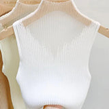 Mesh Knitted Top Women Y2K Tank Top Half Neck Vest Female Sleeveless Sweater Chic Cut Out Streetwear Solid Skinny Tube Top