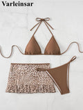 With Leopard Printed Skirt Halter Bikini Female Swimsuit Women Swimwear Three-Pieces Bikini Set Bather Bathing Suit Swim V8325