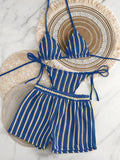 2026 Summer Women 3 Pieces Swimsuit Striped Print Halter Lace-up Backless Swimwear Sexy Micro Bikini Set Shorts Suits Beachwear