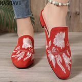 NASBAVI Fashion 3d Embroidery Mules Women Fur Slippers Velvet Shoes Ladies Low Heel Flower Decoration Sandals Women's Flip Flops