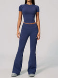 Seamless High Elasticity Yoga Sets Women Short Sleeve O Neck Sports T Shirts Workout Outfits Running Wide Leg Pants Fitness Suit