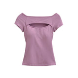 Korean Style Goddess Off-Shoulder Casual Elegant Sexy Hot Girl Top Women Hollow Out Short Sleeved Solid Color T-Shirt Charm 7O4B