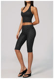 New Summer Women White Polka Dot Print Yoga Sets Hanging Neck Slim Sport Vest High Waist Mid Pants Gym Two-piece Workout Clothes