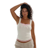 Women Summer Solid Color Tank Tops Casual Lace Trim Cute Bow Sleeveless Basic Vest Streetwear