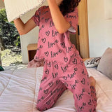 Ladies Pyjamas Dark Pink Letter Printed Short Sleeved T-shirt and Pants Sleepwear Pajama 2 Pieces Casual Home Wear