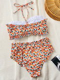 Flowers Printed Ruffled Bandeau Female Swimsuit High Waist Bikini Women Swimwear Two-pieces Bikini set Bather Bathing Suit Swim