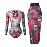 S - XXL Printed Long Sleeve With Sarong One Piece Swimsuit Women Swimwear Female Flowers Padded Bather Bathing Suit Swim K7181