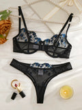 BlackBlue Embroidered Floral Lingerie Set - Sexy Bra And G-string Combo with Heart Decoration Underwear Set for Women ZA824027