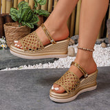 Hollow Out Gold Wedge Heels Sandals Women Plus Size 43 Chunky Platform Slippers Woman Summer Slip On Weave Thick Sole Sandles