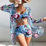 New Women's 3 Pieces Swimsuit Allover Print Tankini+Long Gauze Coat Cover-Up Swimwear High Waist Shorts Bathing Suit Beachwear