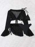 2026 Sexy Four-piece Women Swimsuit Long-sleeve Cover-up Swimwear Summer Solid Bikini Set Brazilian Beachwear Party bathing suit