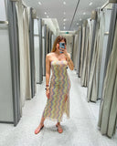 2024 Dress For Women Summer Chic Print Mesh Sleeveless Sexy Side Slit Slim Dresses Wild Beach Resort Style Woman Dress