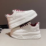 Pu Leather Thick Bottom Sneakers Women 2025 Breathable Platform Vulcanised Shoes Woman Womens All Match Lace Up Casual Sneakers