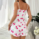 Summer Cherry Print Pajamas Set for Women Breathable Casual Straps Cami Tops and Ruffle Shorts Set Homewear Loungewear