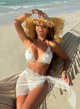 With Mesh Sarong Wrinkled Halter Shell Bikini Female Swimsuit Women Swimwear Three-pieces Bikini Set Bathing Suit Swim Beachwear