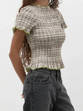 Women Casual Summer Plaid Print Shirred Tops Slim Mock Neck Short Sleeve Crop Ruffle T-shirts Streetwear
