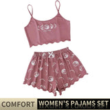 Summer Sleepwear Women 2 Pieces Pajama Set Pink Black Moon and Planet Print Sports Camisole and Shorts Set Casual Loungewear
