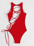 2026 Print Lace Up Back Swimsuit One Piece Solid Swimwear Women Bathing Swimming Suit Female Padded Summer Beachwear Bodysuit