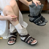 Women's French Roman Style Belt Buckle High Top Sandals Summer New Retro Motorcycle Gladiator Ankle Sandals Boots New Summer