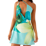 Women Spaghetti Straps Backless Asymmetric Flower Print Mini Dresses Summer Sexy Party Club Slip Dress
