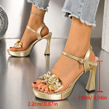 Luxury Rhinestone Decor High Heels Sandals Women Fashion Ankle Buckle Platform Gold Sandals Woman Party Wedding Shoes Size 41