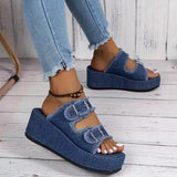 Women Denim Belt Buckle Wedge Heels Slippers Summer2026 Non Slip Thick Sole Beach Slippers Woman Fashion Buckle Platform Sandles