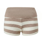 Summer Women's Trendy Shorts Foldover Waistband Striped Knit Shorts Beach Casual Streetwear